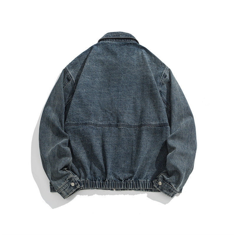 Unisex Kurz geschnittene Denim-Workerjacke mit durchgehendem Reißverschluss und kastiger Silhouette Shop Nory