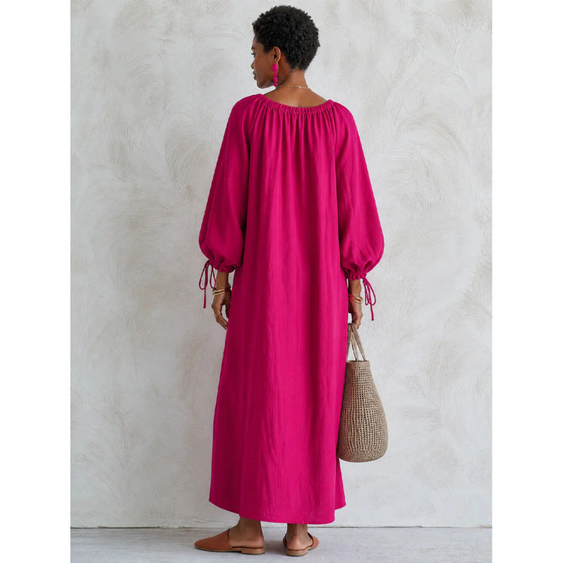 Damen Luftiges Leinenoptik-Maxikleid mit Kordelkragen, Ballonärmeln und Eingrifftaschen Shop Nory