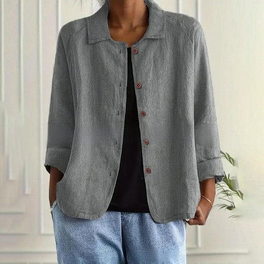Damen Oversized Leinen-Hemdjacke mit Hemdkragen, 3/4-Ärmeln und durchgehender Knopfleiste Shop Nory