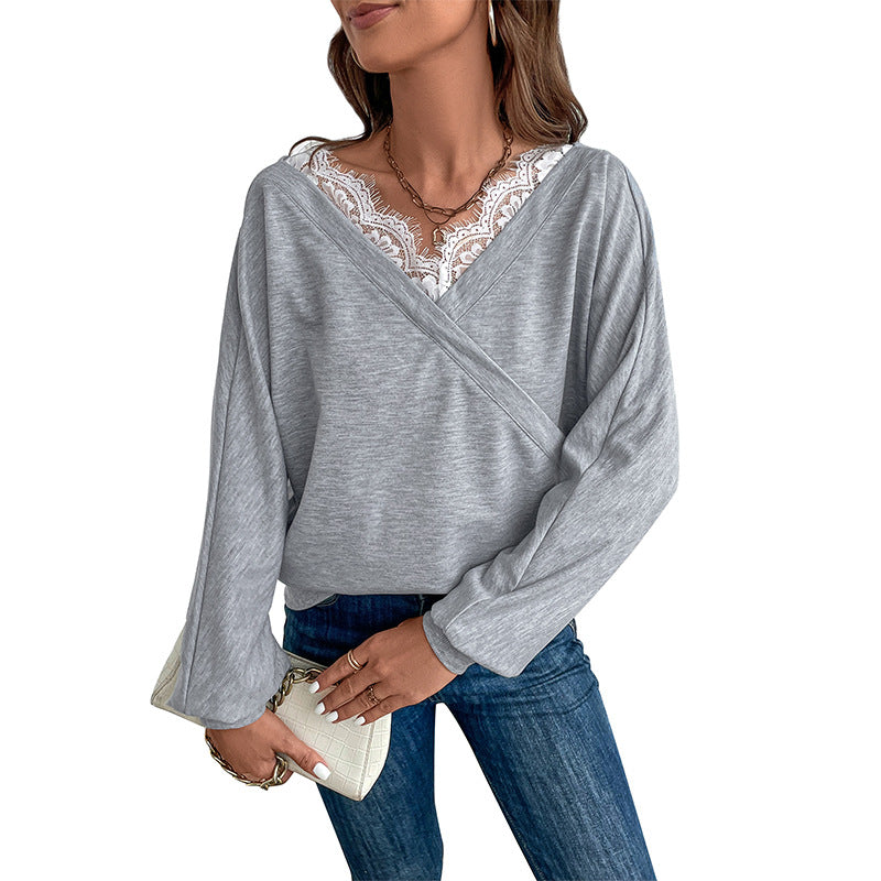 Damen Lässiges Oversize-Sweatshirt mit Wickeloptik und Spitzeneinsatz Shop Nory