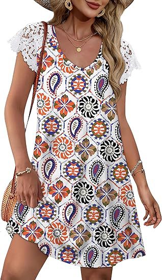 Damen Sommerkleid mit eleganten Spitzenärmeln und floralem Muster