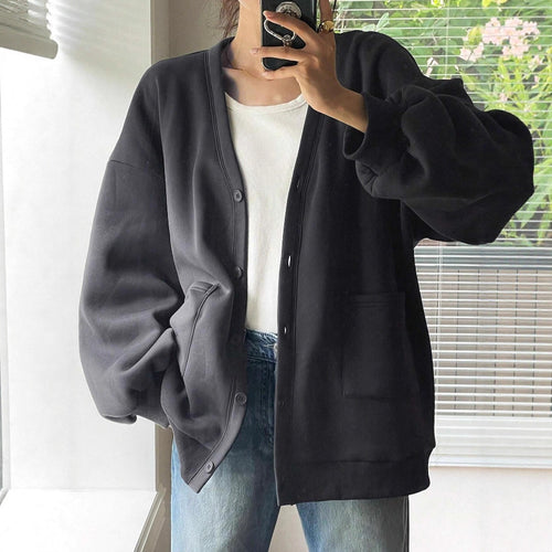 Damen Oversized Sweatcardigan mit Knopfleiste, aufgesetzten Taschen und überschnittener Schulter Shop Nory