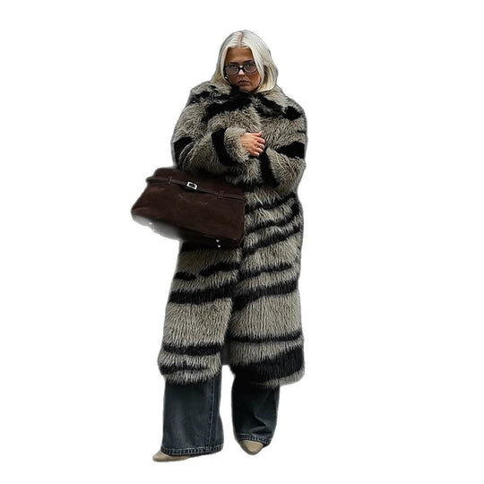 Damen Oversize Kunstpelz-Mantel mit gestreiftem Maxi-Schnitt Shop Nory
