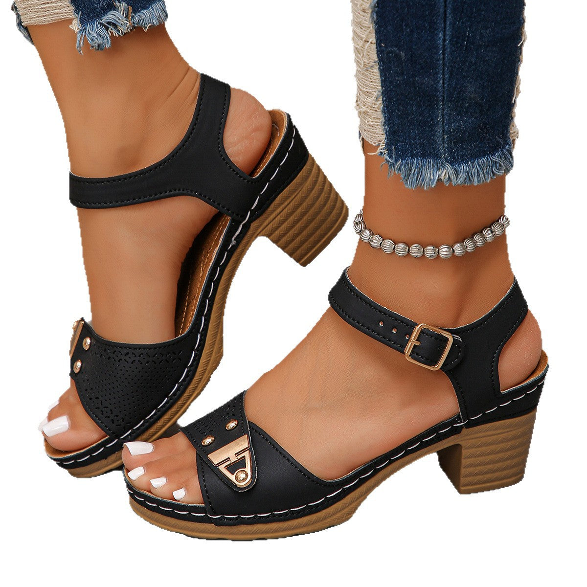 Damen Wedge-Sandalen mit luftiger Lochstruktur und eleganter Schnallenakzent Shopnory