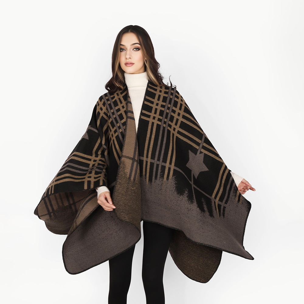 Damen Oversize-Capeponcho aus Wollmix mit Stern- und Karojacquard und weichfallendem Fall Shop Nory