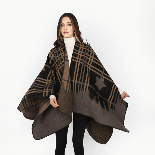 Damen Oversize-Capeponcho aus Wollmix mit Stern- und Karojacquard und weichfallendem Fall Shop Nory