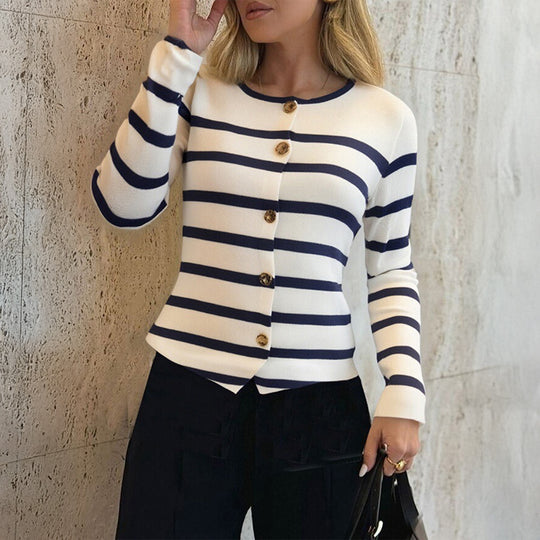 Damen nan gestreifte Feinstrick-Cardigan mit Rundhalsausschnitt, figurbetonter Passform und dekorativen Knöpfen Shop Nory