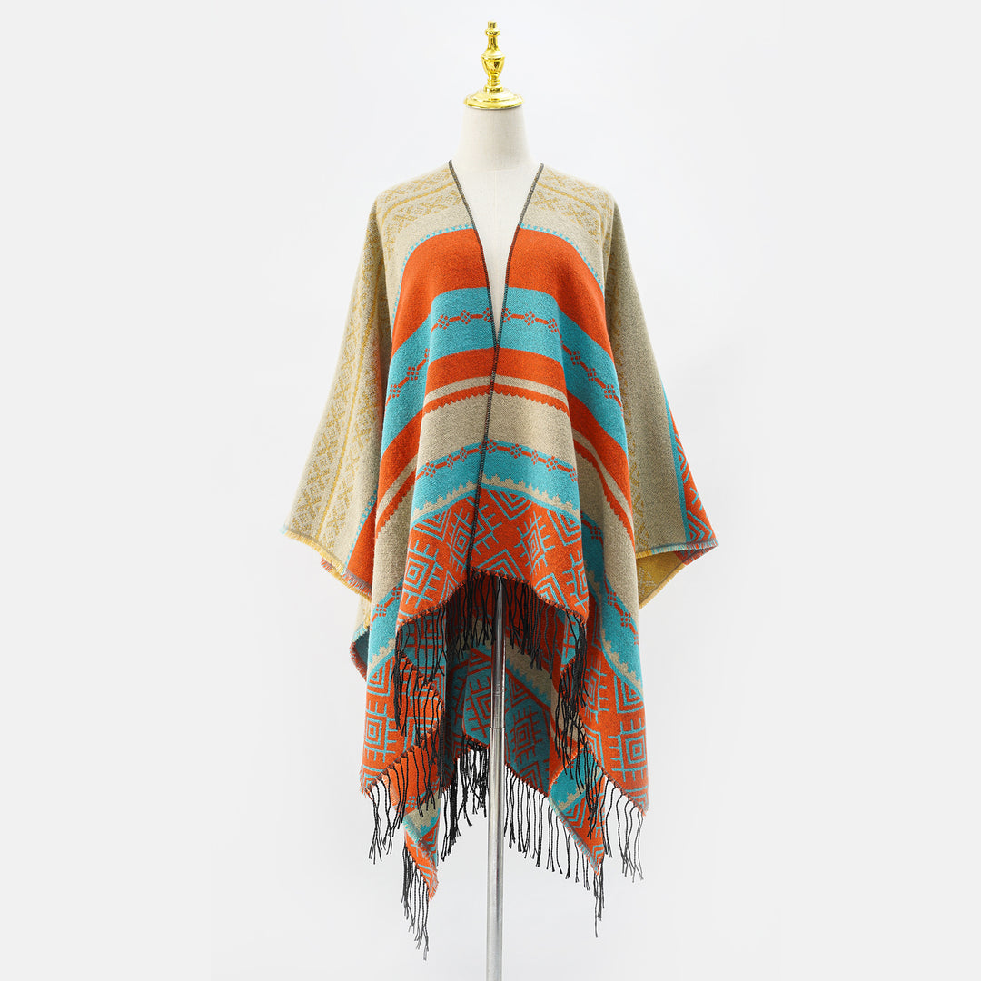 Damen Strukturiertes Webcape im Ethno-Jacquard mit Fransensaum Shop Nory