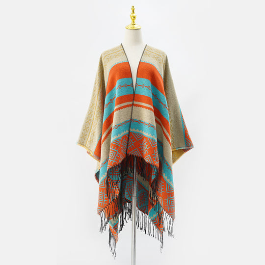 Damen Strukturiertes Webcape im Ethno-Jacquard mit Fransensaum Shop Nory
