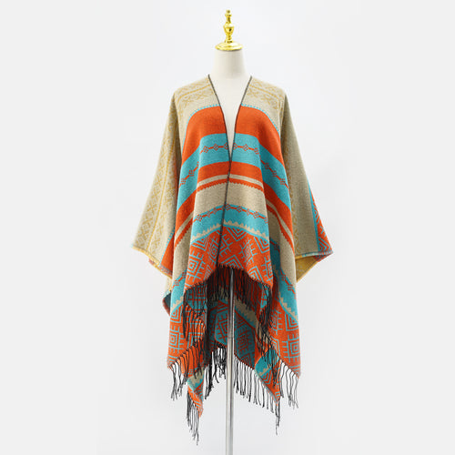 Damen Strukturiertes Webcape im Ethno-Jacquard mit Fransensaum Shop Nory