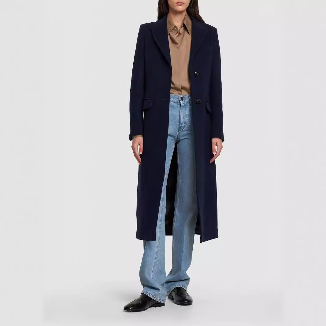 Damen Midilanger Einreihiger Tailoring‑Mantel mit schmalem Revers und Pattentaschen Shop Nory