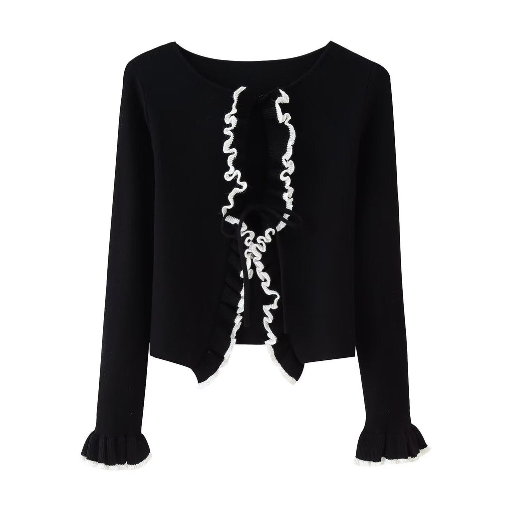 Damen Strickjacke mit Rüschen und Bändern Shopnory