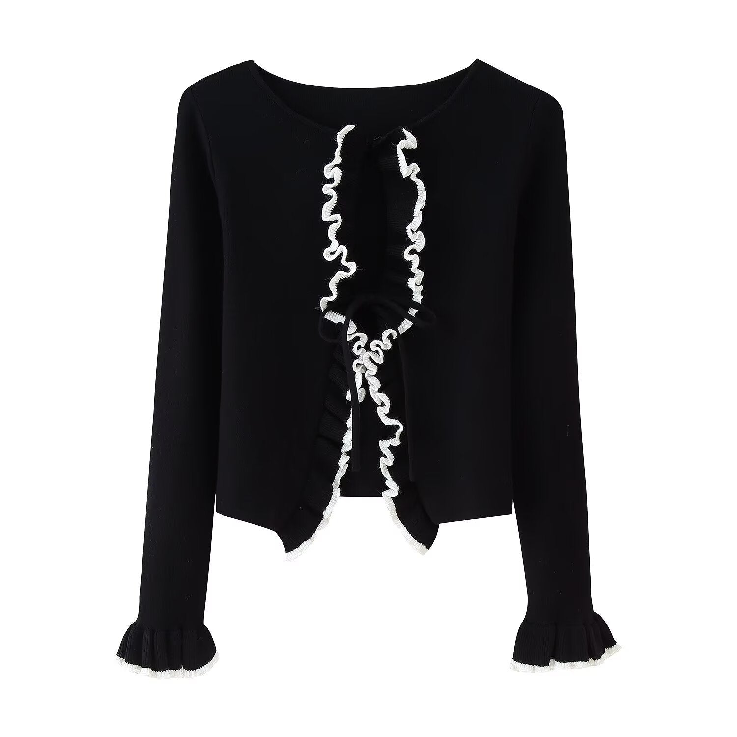 Damen Strickjacke mit Rüschen und Bändern Shopnory