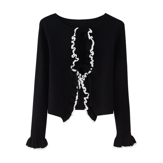 Damen Strickjacke mit Rüschen und Bändern Shopnory