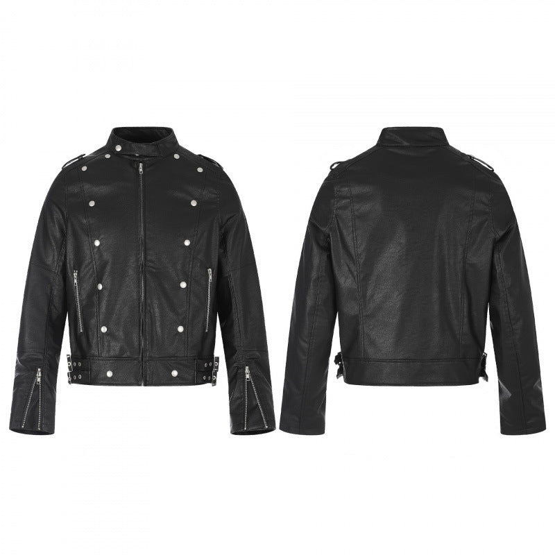 Unisex Kurz geschnittene Nieten-Lederjacke im Bikerstil mit Stehkragen, Reißverschlussärmeln und Taillenriemen Shop Nory