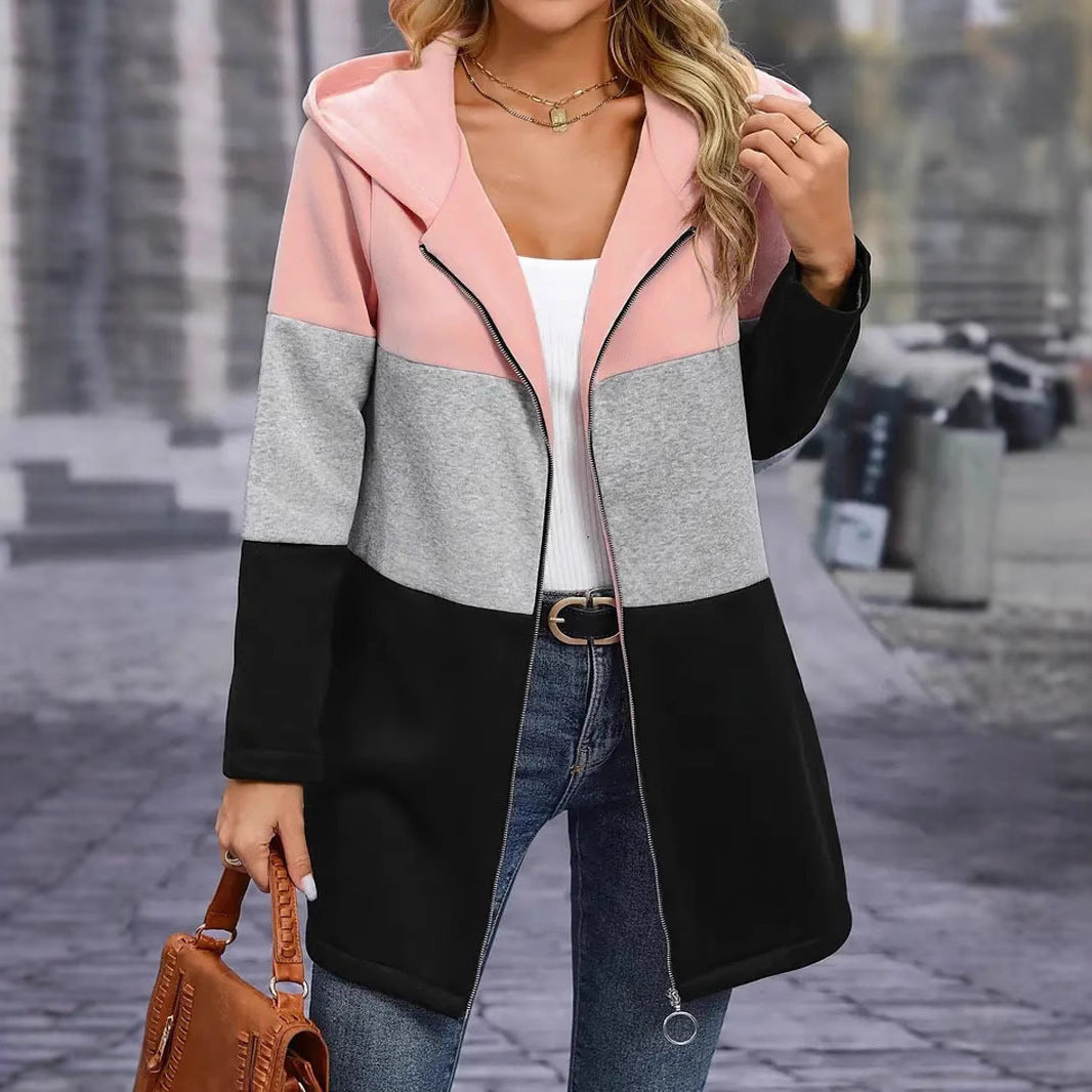 Damen Kapuzen-Farbblock-Mantel mit durchgehendem Reißverschluss, oversized Schnitt und mittellanger Silhouette Shop Nory