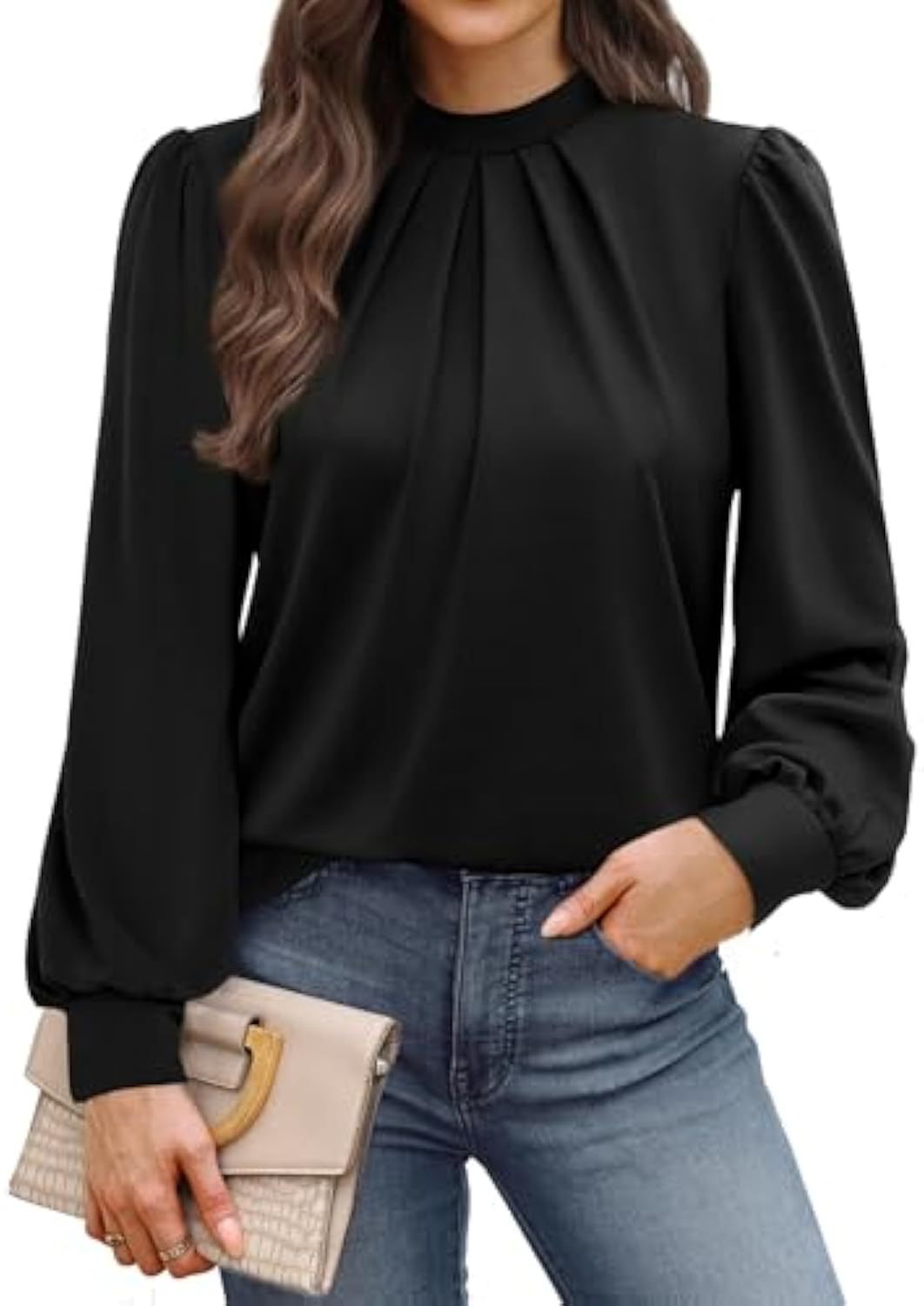 Damen Langärmelige Satinbluse mit Stehkragen, Brustfalten und gerippten Bündchen Shop Nory