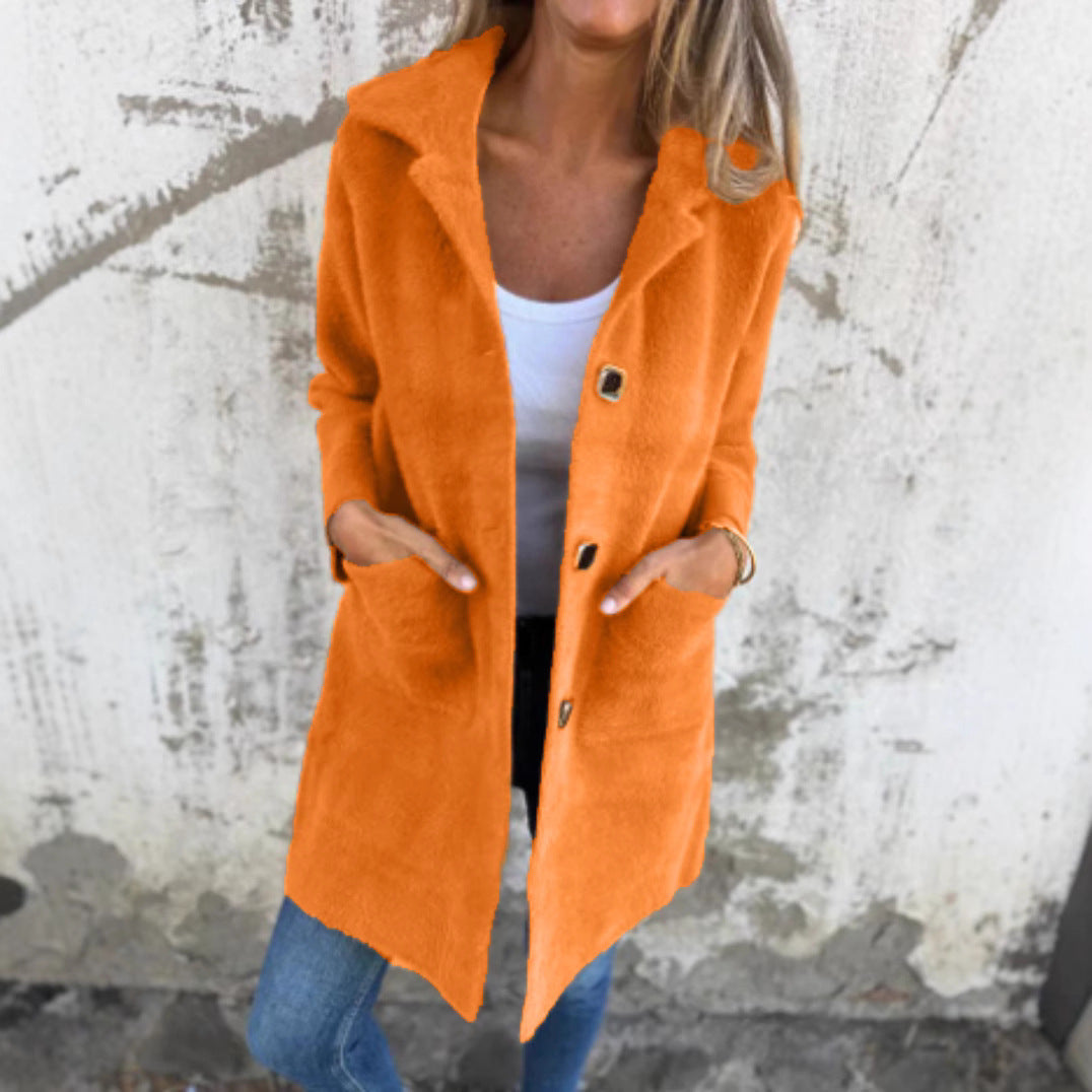 Damen Teddy-Mantel mit Oversize-Kragen, dekorativen Knöpfen und Eingrifftaschen Shop Nory
