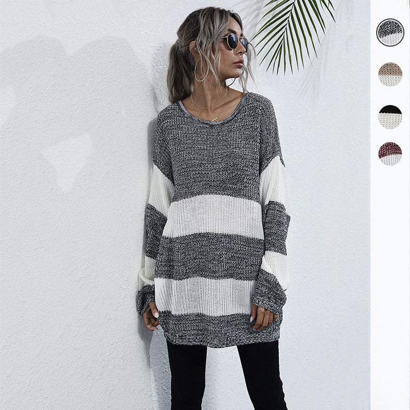 Damen Oversize Longpullover mit Blockstreifen und Rundhalsausschnitt Shop Nory