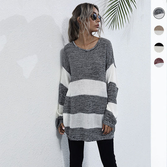 Damen Oversize Longpullover mit Blockstreifen und Rundhalsausschnitt Shop Nory