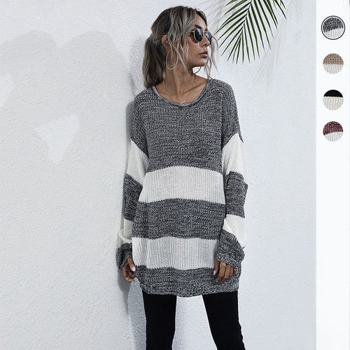 Damen Oversize Longpullover mit Blockstreifen und Rundhalsausschnitt Shop Nory