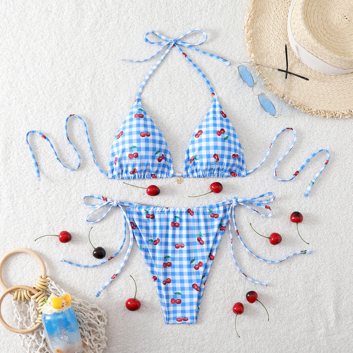 Damen Triangel-Bikini mit verspieltem Kirschmuster