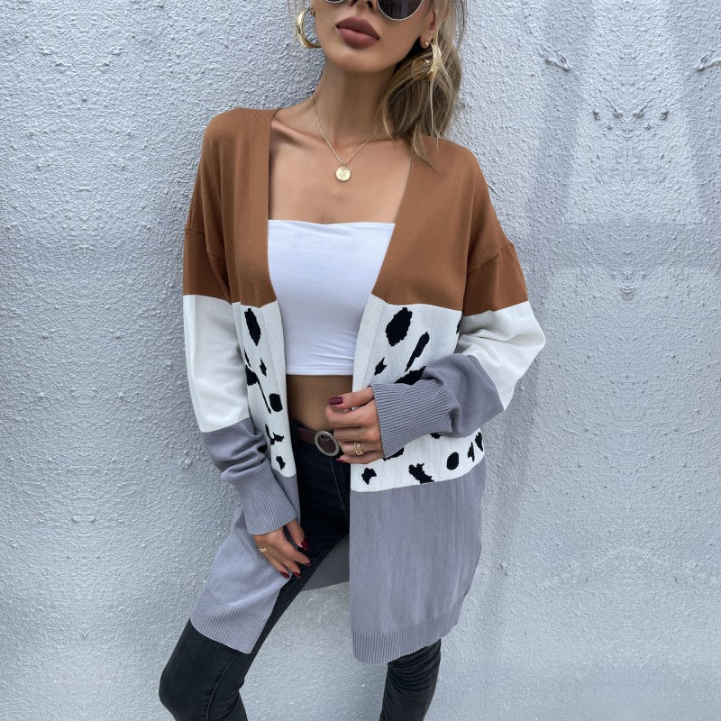 Damen Offene Longcardigan im Blockdesign mit Animal‑Intarsien und gerippten Abschlüssen Shop Nory