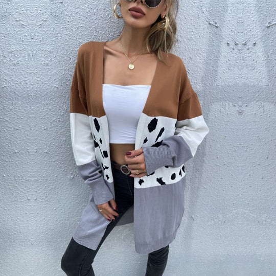Damen Offene Longcardigan im Blockdesign mit Animal‑Intarsien und gerippten Abschlüssen Shop Nory