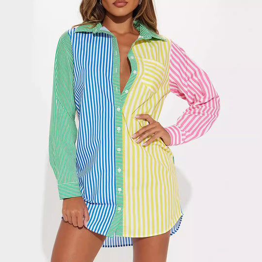 Damen Oversize Hemdblusenkleid mit mehrfarbigem Streifenblock Shop Nory