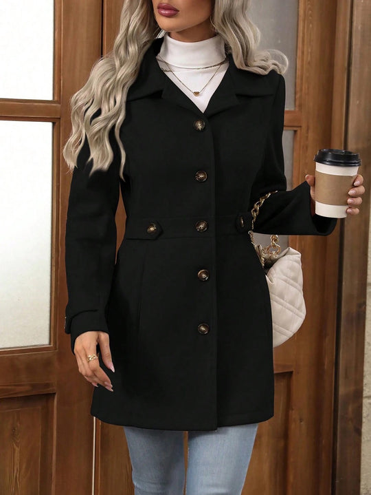 Damen taillierter knöpfbarer Kurzmantel mit Reverskragen und Gürtel-Details Shop Nory