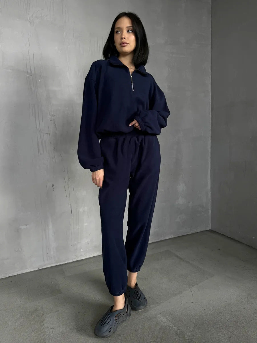 Damen lässiges Fleece-Jogginganzug Set mit Stehkragen und halbhohem Reißverschluss Shop Nory