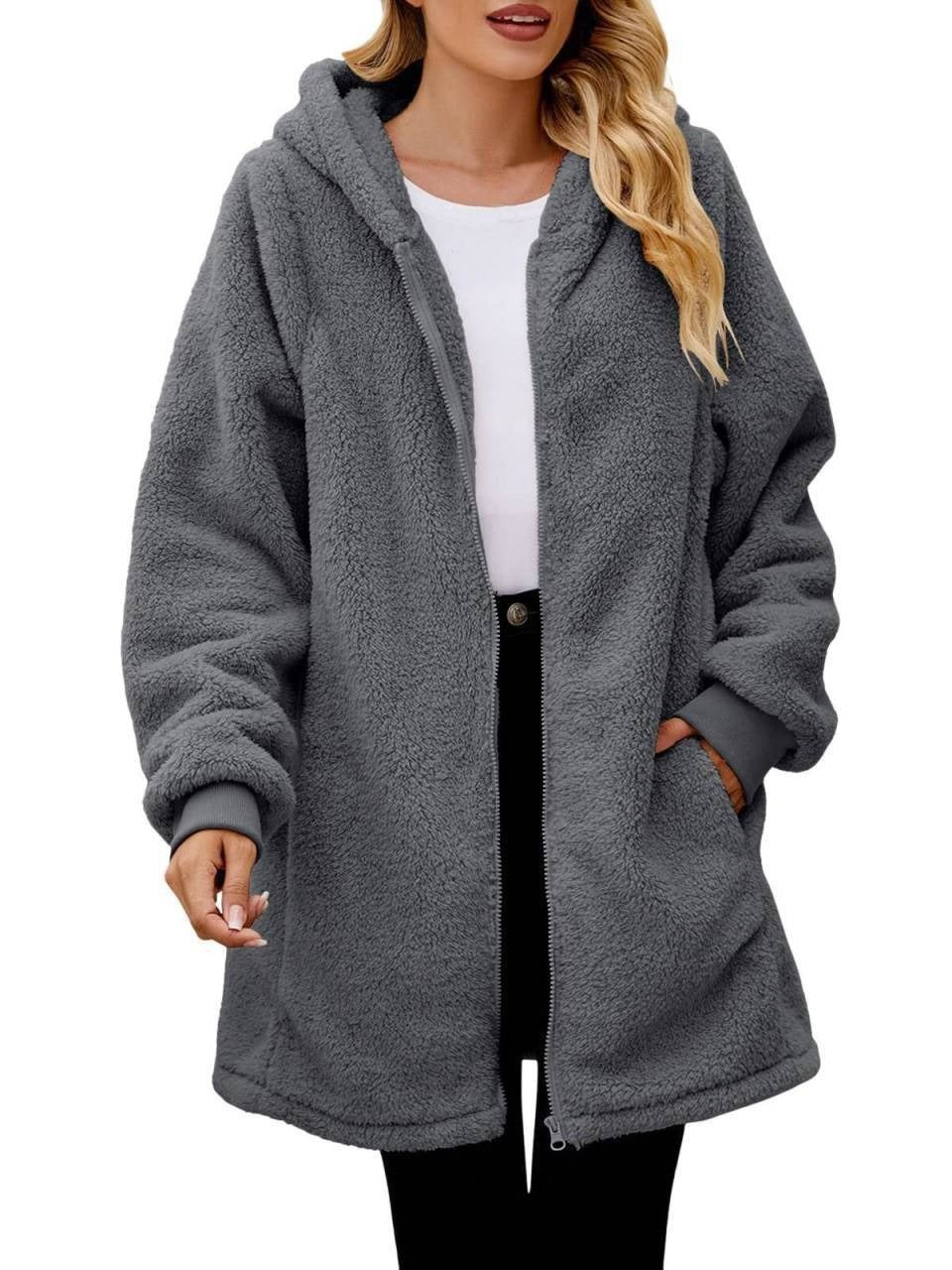 Damen nan midilanger Soft-Teddy Parka mit Kapuze, elastischen Bündchen und Zweiwege-Reißverschluss Shop Nory