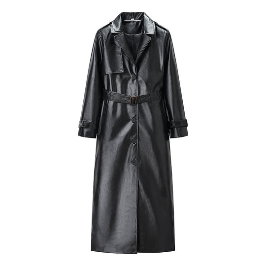 Damen Langer Trenchcoat aus Lederoptik mit Bindegürtel und Epauletten Shop Nory