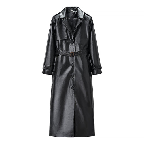 Damen Langer Trenchcoat aus Lederoptik mit Bindegürtel und Epauletten Shop Nory