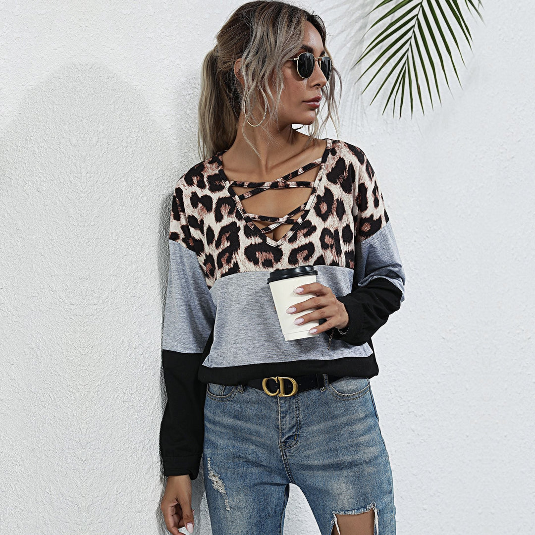 Damen Langarmshirt mit Leoparden-Print Schnürdetail und Colorblock Shop Nory