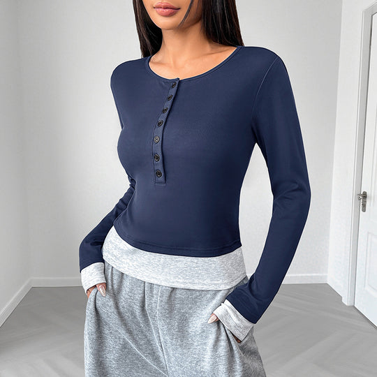 Damen Langärmeliges Crop-Shirt mit Henley-Knopfleiste, Figurbetonter Stretch-Passform und Daumenloch Shop Nory