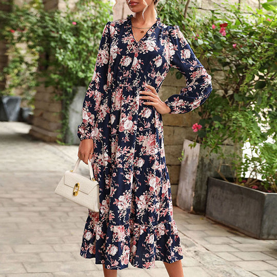Damen Blumiges Viskose-Midikleid mit V‑Ausschnitt, Taillennaht und Stufenrock Shop Nory