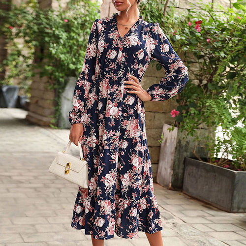 Damen Blumiges Viskose-Midikleid mit V‑Ausschnitt, Taillennaht und Stufenrock Shop Nory