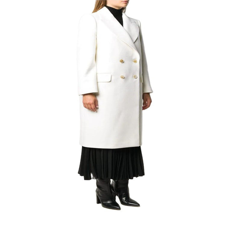 Damen Schlanker Zweireihiger Wollmix‑Longmantel mit Schalkragen, Goldknopf‑Detail und Pattentaschen Shop Nory