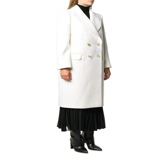 Damen Schlanker Zweireihiger Wollmix‑Longmantel mit Schalkragen, Goldknopf‑Detail und Pattentaschen Shop Nory