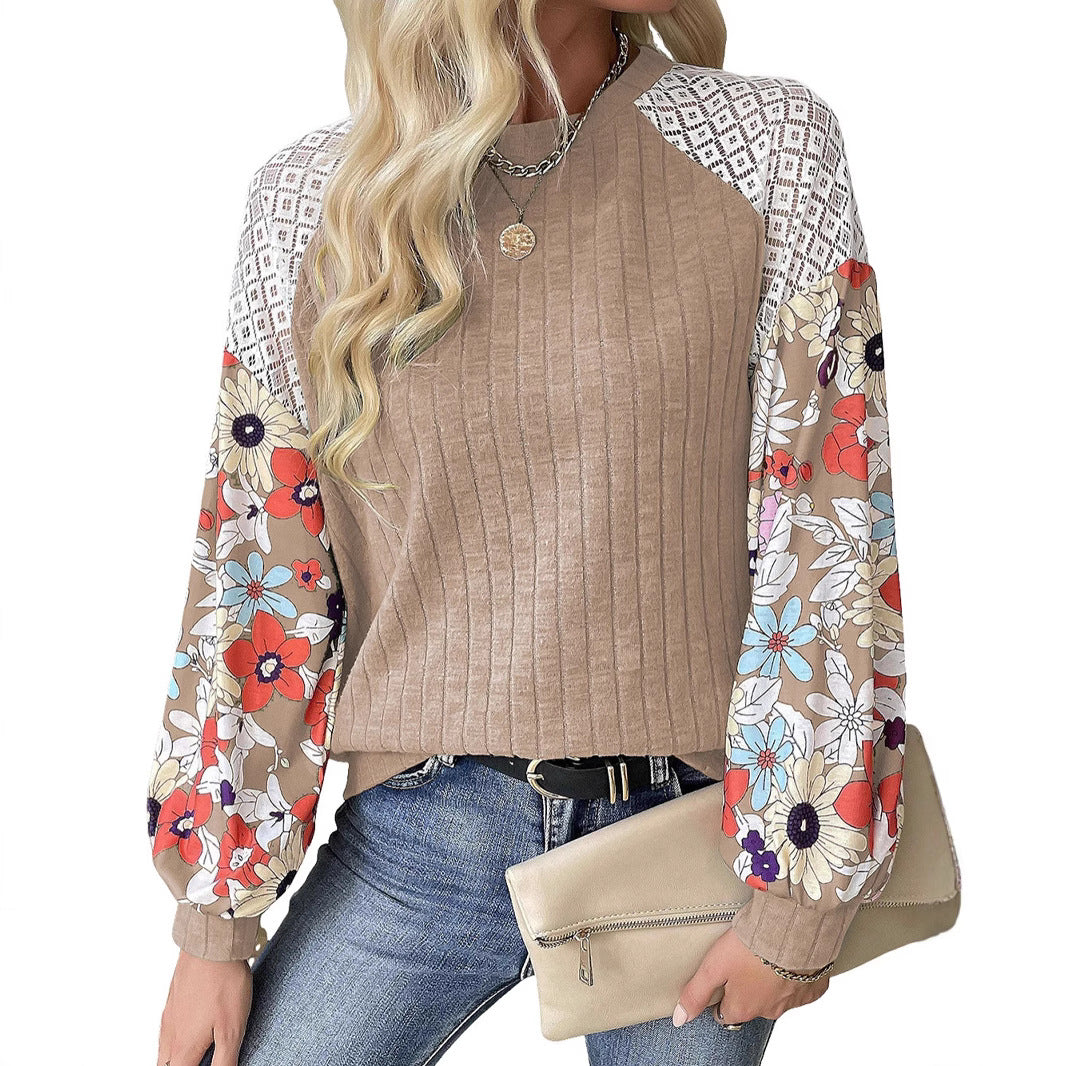 Damen Pullover mit Rippenstruktur, Häkel-Raglan und geblümten Ballonärmeln Shop Nory