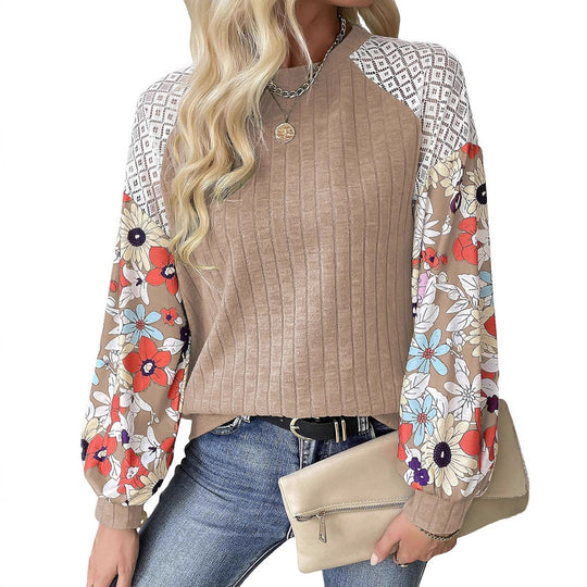 Damen Pullover mit Rippenstruktur, Häkel-Raglan und geblümten Ballonärmeln Shop Nory