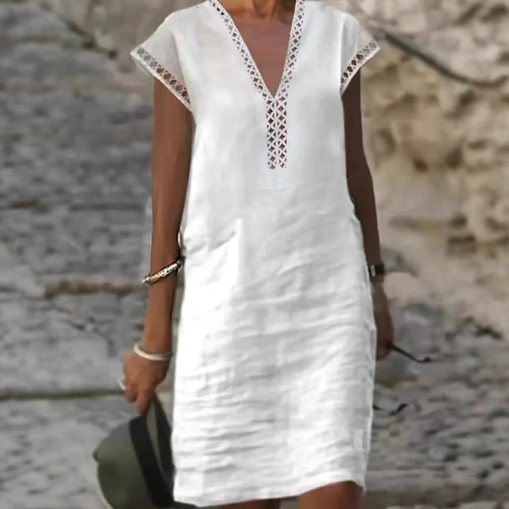 Damen nan leichtes Leinen-Kaftankleid mit V-Ausschnitt und Ajourbesatz