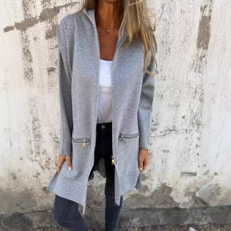 Damen Kapuzen-Longcardigan mit durchgehendem Reißverschluss und Ziertaschen Shop Nory