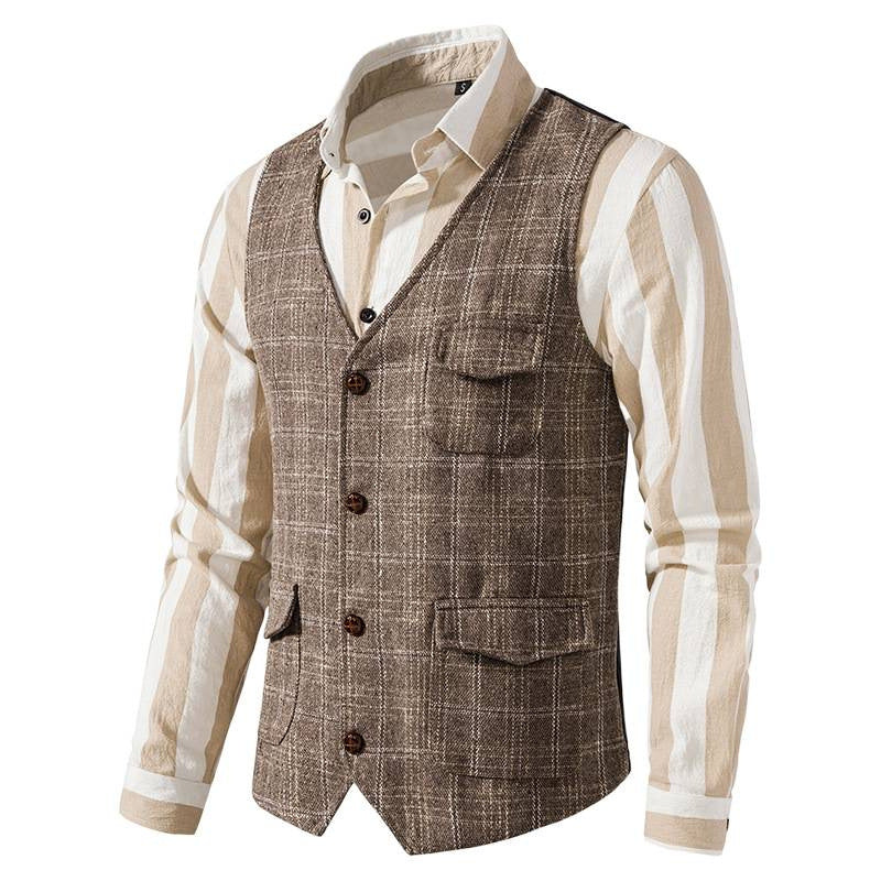 Herren kariertes Wollmix Gilet mit Brusttasche und aufgesetzten Seitentaschen Shop Nory