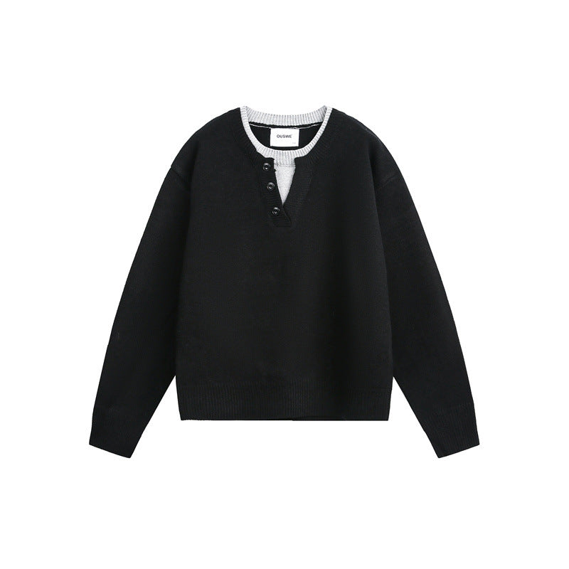Unisex Grobgestrickter Pullover mit V‑Knopfleiste und Lagenkragen Shop Nory