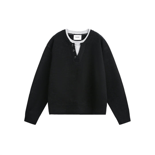 Unisex Grobgestrickter Pullover mit V‑Knopfleiste und Lagenkragen Shop Nory