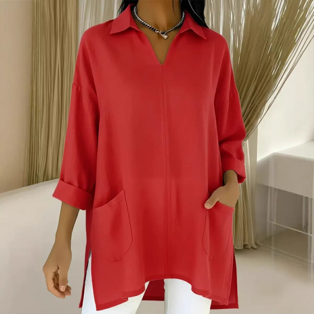Damen Oversize-Tunika mit Hemdkragen, V-Ausschnitt und aufgesetzten Taschen Shop Nory