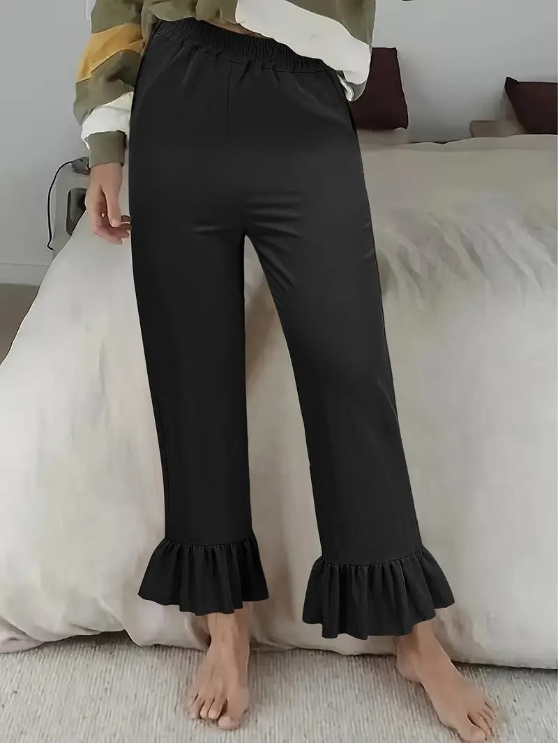 Damen Locker geschnittene Lounge‑Hose aus Jersey mit elastischem Bund und Volant‑Saum Shop Nory
