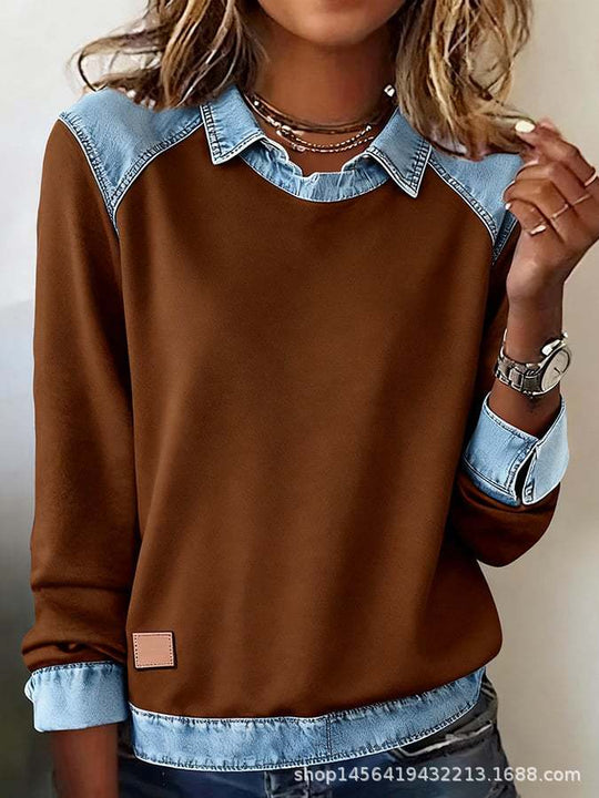 Damen nan gerippter Strickpullover mit Jeanskragen und Knopfleiste Shop Nory